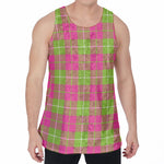 Pink Green And White Tartan Print Men's Velvet Tank Top