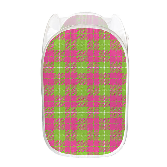 Pink Green And White Tartan Print Mesh Laundry Hamper