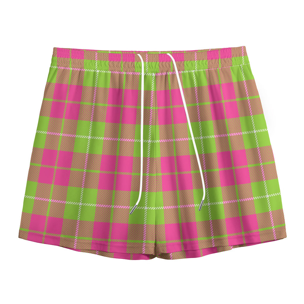 Pink Green And White Tartan Print Mesh Shorts