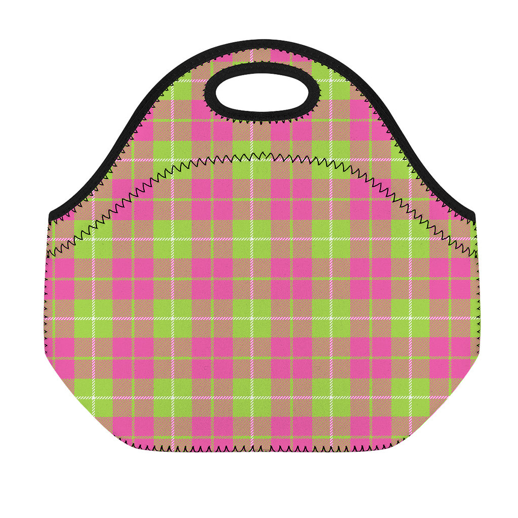 Pink Green And White Tartan Print Neoprene Lunch Bag