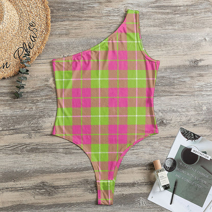 Pink Green And White Tartan Print One Shoulder Bodysuit