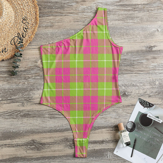 Pink Green And White Tartan Print One Shoulder Bodysuit