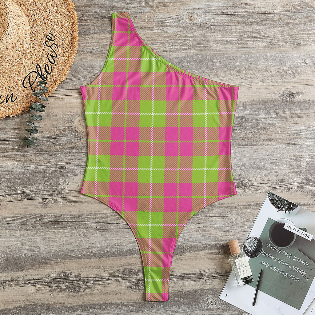 Pink Green And White Tartan Print One Shoulder Bodysuit