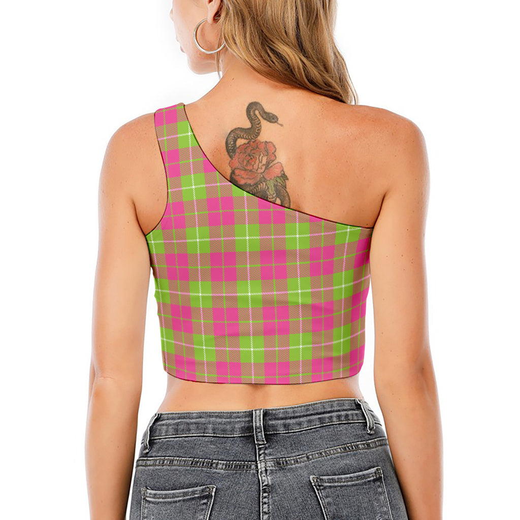 Pink Green And White Tartan Print One Shoulder Crop Top