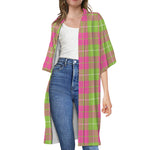 Pink Green And White Tartan Print Open Front Beach Cover Up