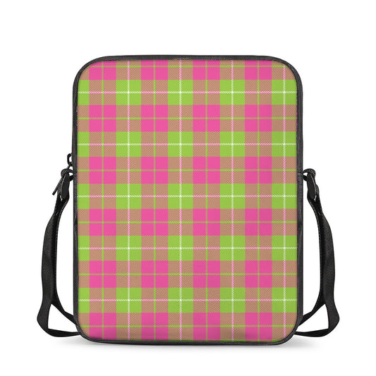 Pink Green And White Tartan Print Rectangular Crossbody Bag