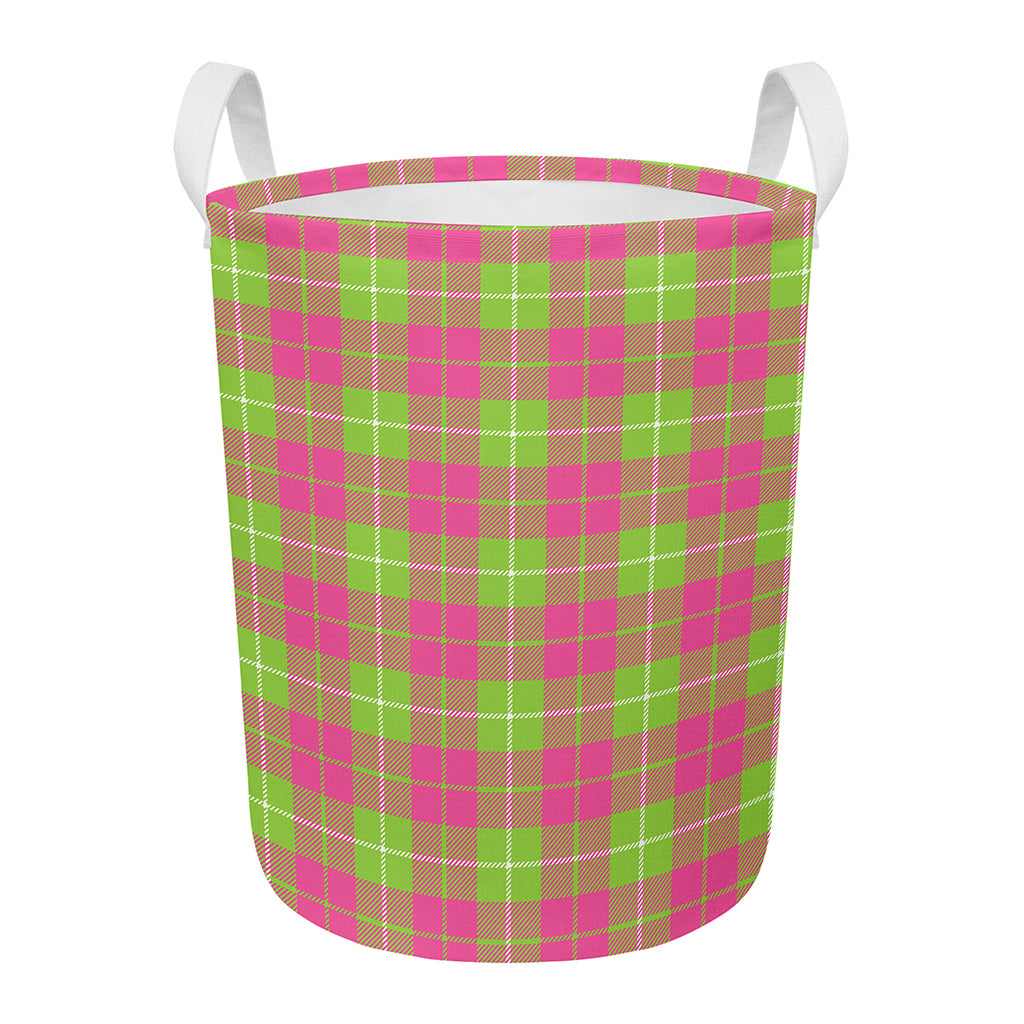 Pink Green And White Tartan Print Round Laundry Basket