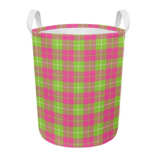 Pink Green And White Tartan Print Round Laundry Basket