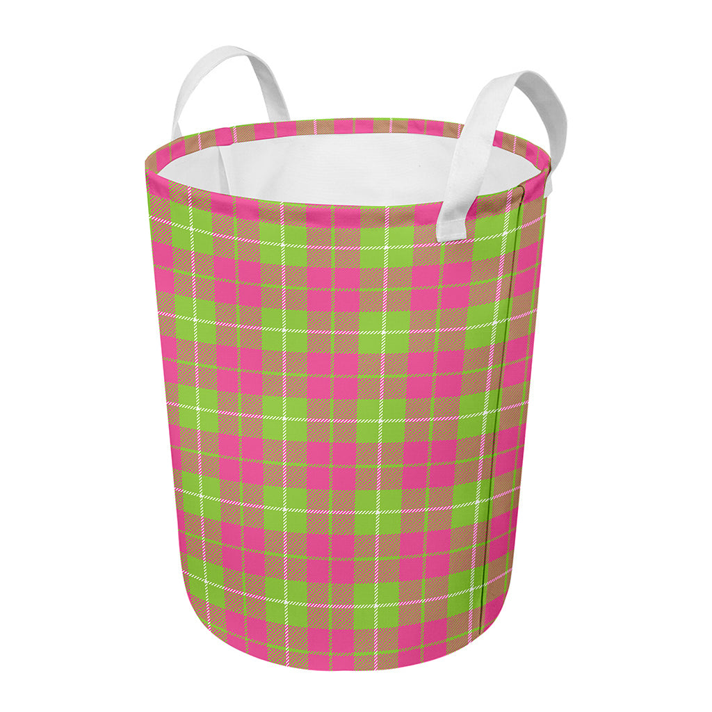 Pink Green And White Tartan Print Round Laundry Basket