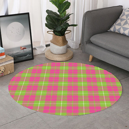 Pink Green And White Tartan Print Round Rug