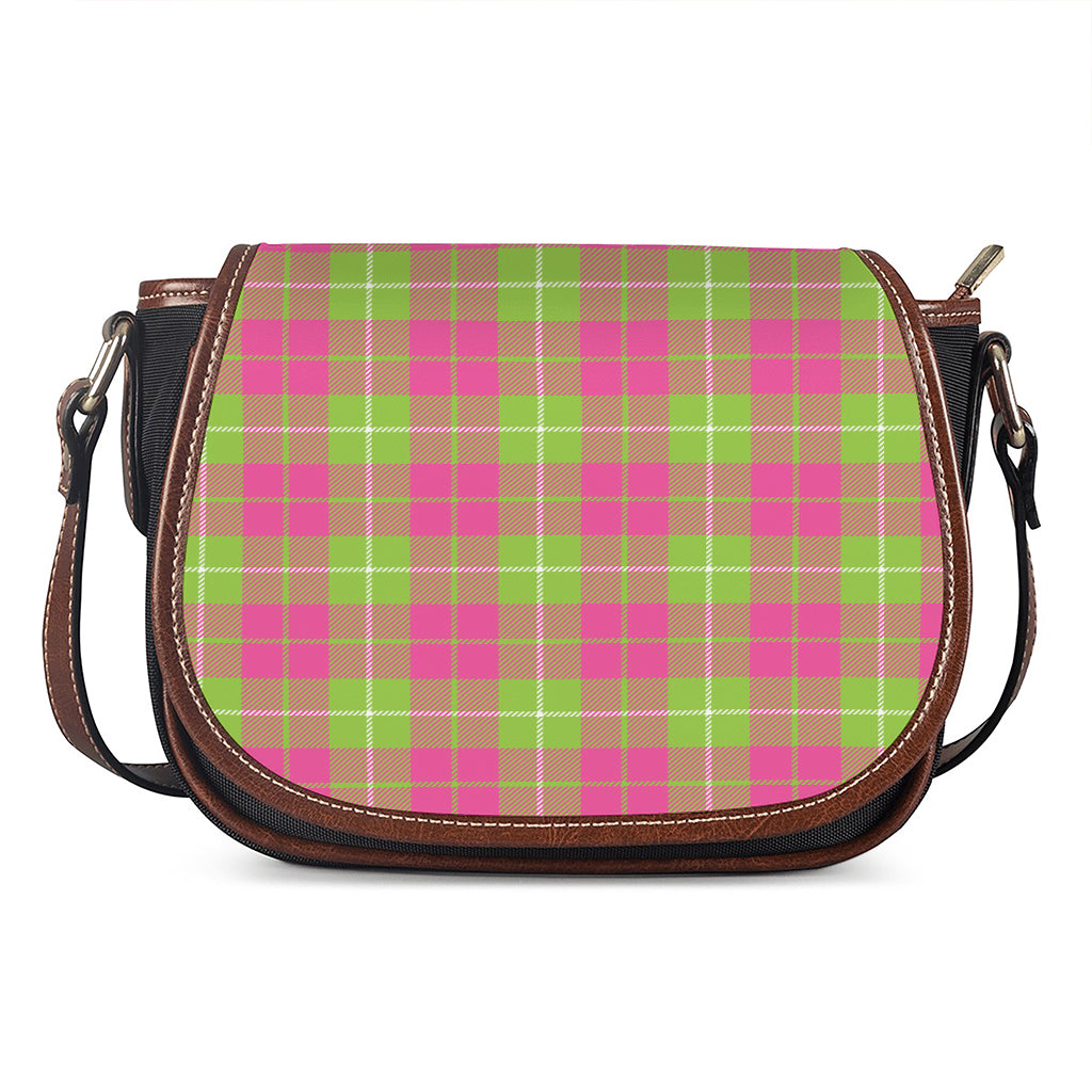 Pink Green And White Tartan Print Saddle Bag