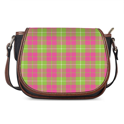 Pink Green And White Tartan Print Saddle Bag