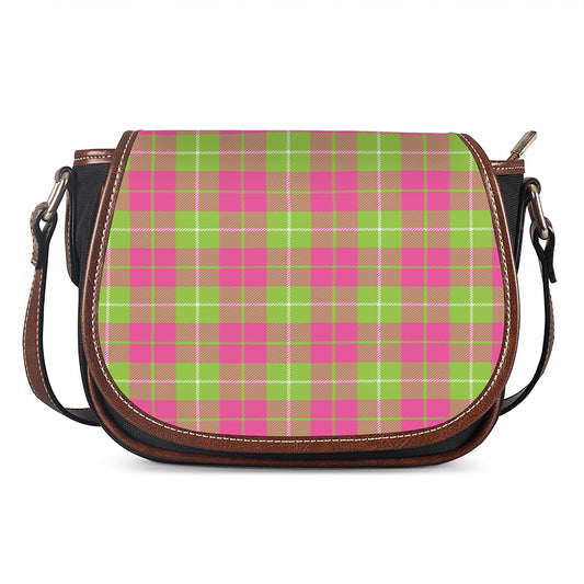 Pink Green And White Tartan Print Saddle Bag