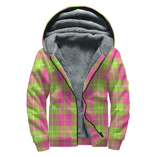 Pink Green And White Tartan Print Sherpa Lined Zip Up Hoodie
