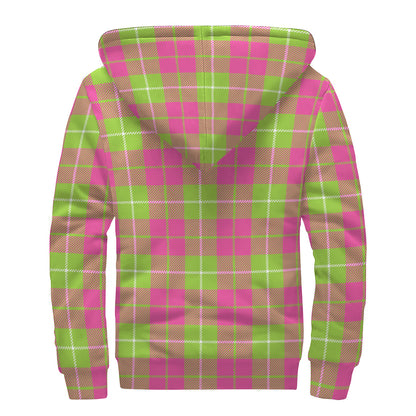 Pink Green And White Tartan Print Sherpa Lined Zip Up Hoodie