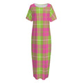 Pink Green And White Tartan Print Short Sleeve Long Nightdress