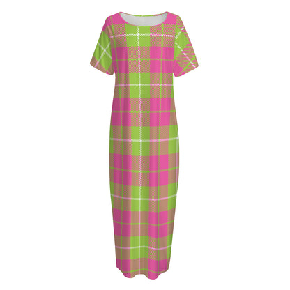 Pink Green And White Tartan Print Short Sleeve Long Nightdress