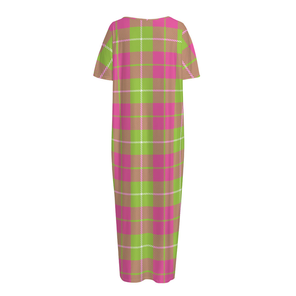 Pink Green And White Tartan Print Short Sleeve Long Nightdress