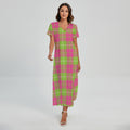 Pink Green And White Tartan Print Short Sleeve Maxi Dress