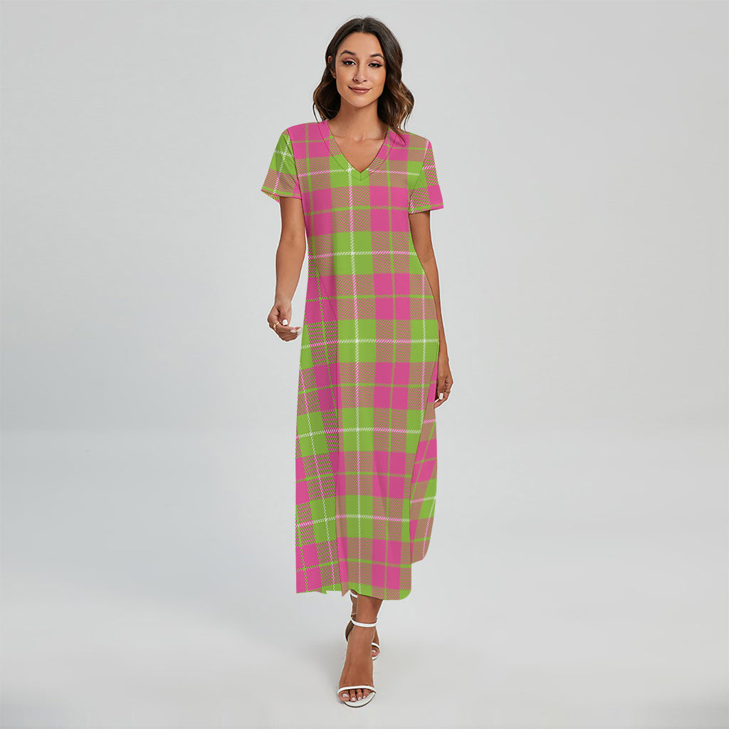 Pink Green And White Tartan Print Short Sleeve Maxi Dress