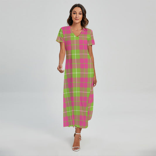 Pink Green And White Tartan Print Short Sleeve Maxi Dress
