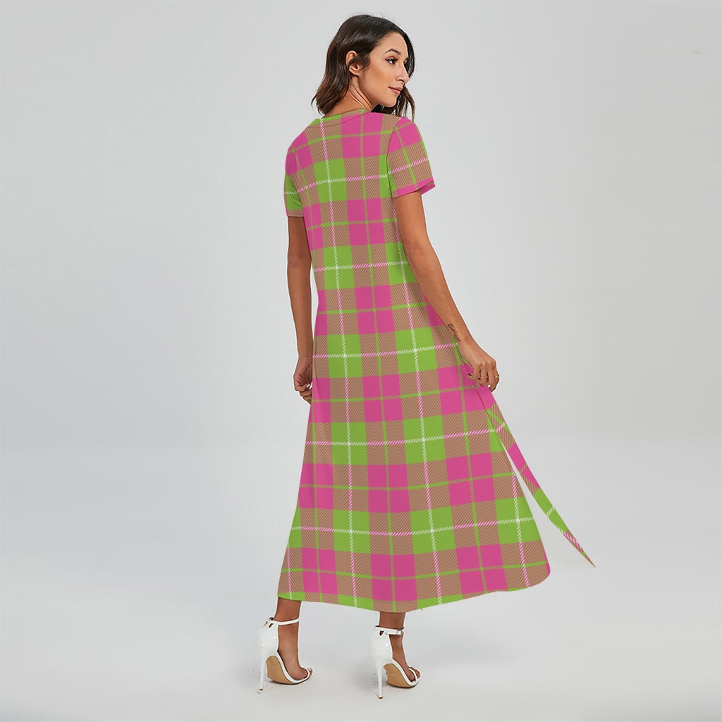 Pink Green And White Tartan Print Short Sleeve Maxi Dress