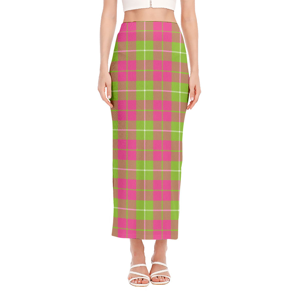 Pink Green And White Tartan Print Side Slit Maxi Skirt