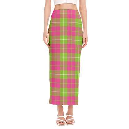Pink Green And White Tartan Print Side Slit Maxi Skirt