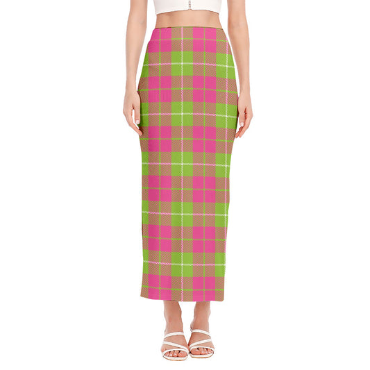 Pink Green And White Tartan Print Side Slit Maxi Skirt