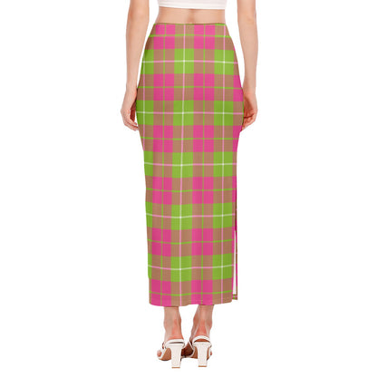 Pink Green And White Tartan Print Side Slit Maxi Skirt