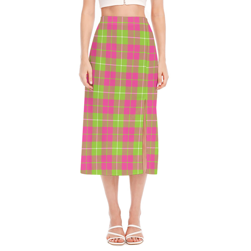 Pink Green And White Tartan Print Side Slit Midi Skirt