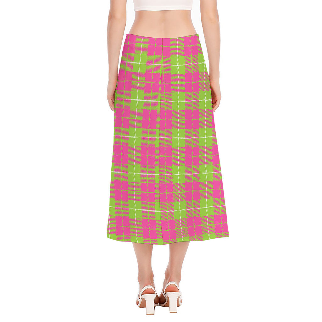 Pink Green And White Tartan Print Side Slit Midi Skirt