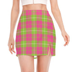 Pink Green And White Tartan Print Side Slit Mini Skirt
