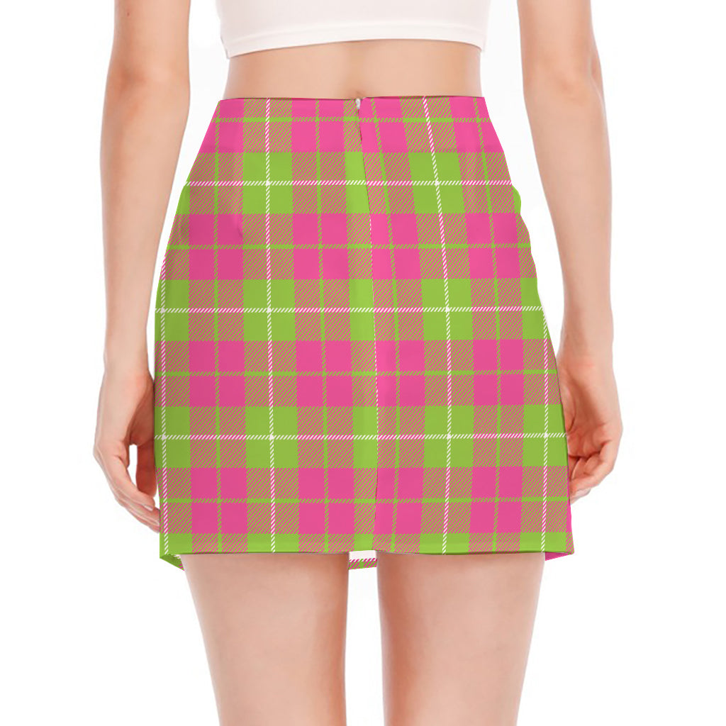 Pink Green And White Tartan Print Side Slit Mini Skirt