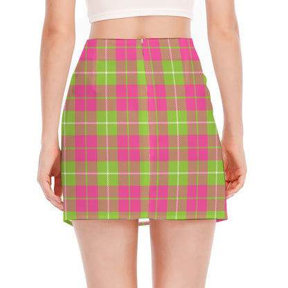 Pink Green And White Tartan Print Side Slit Mini Skirt