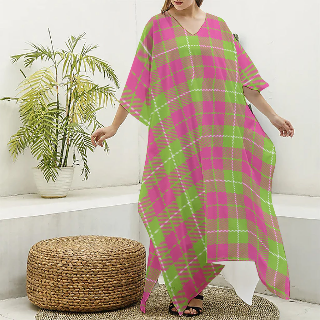 Pink Green And White Tartan Print Silk V-Neck Kaftan Dress