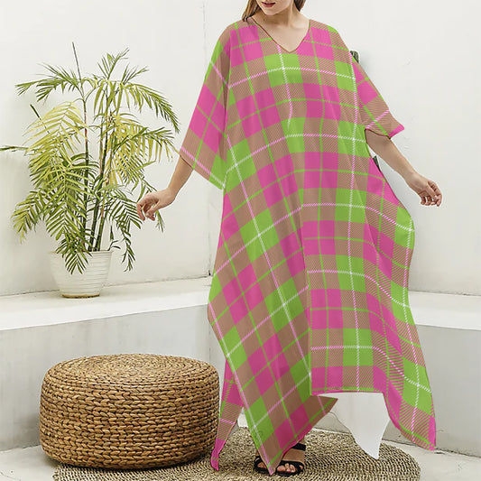 Pink Green And White Tartan Print Silk V-Neck Kaftan Dress