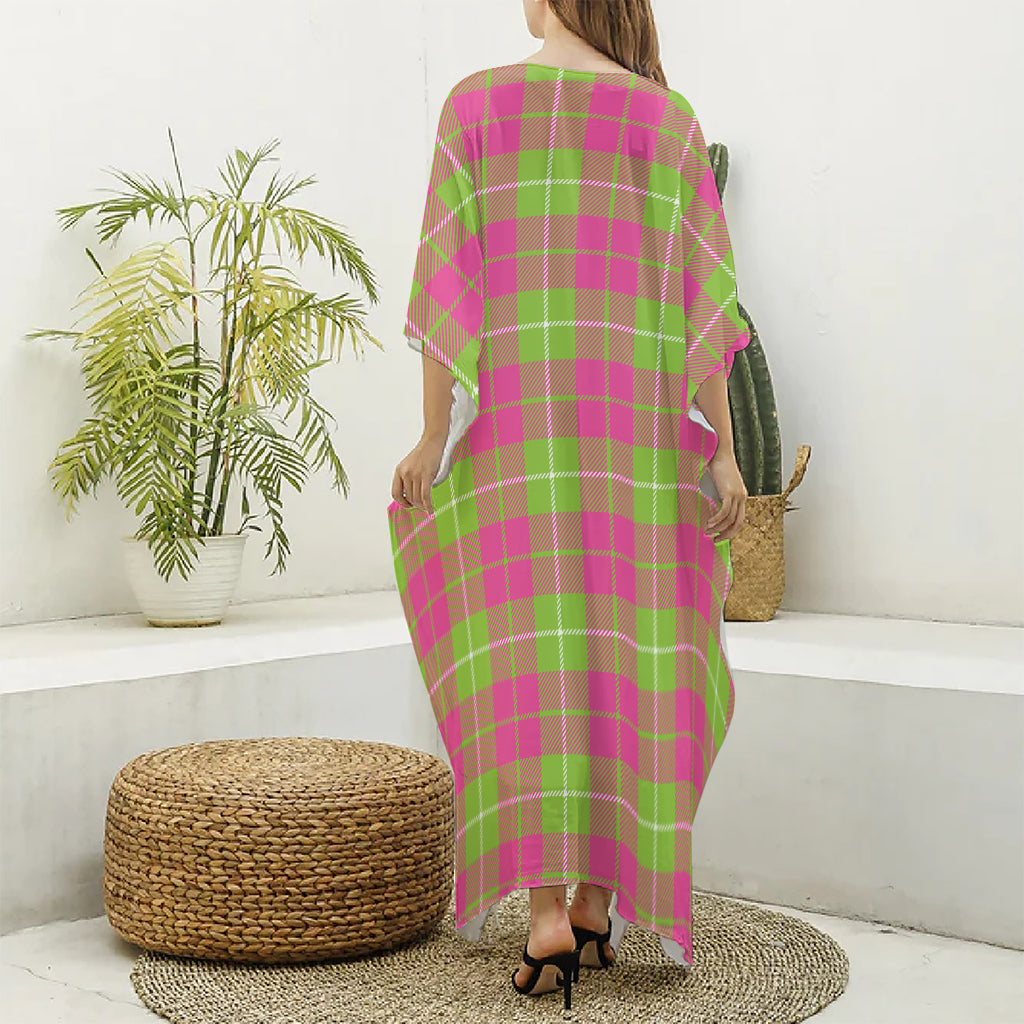 Pink Green And White Tartan Print Silk V-Neck Kaftan Dress
