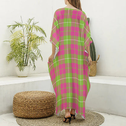 Pink Green And White Tartan Print Silk V-Neck Kaftan Dress