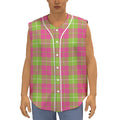 Pink Green And White Tartan Print Sleeveless Baseball Jersey