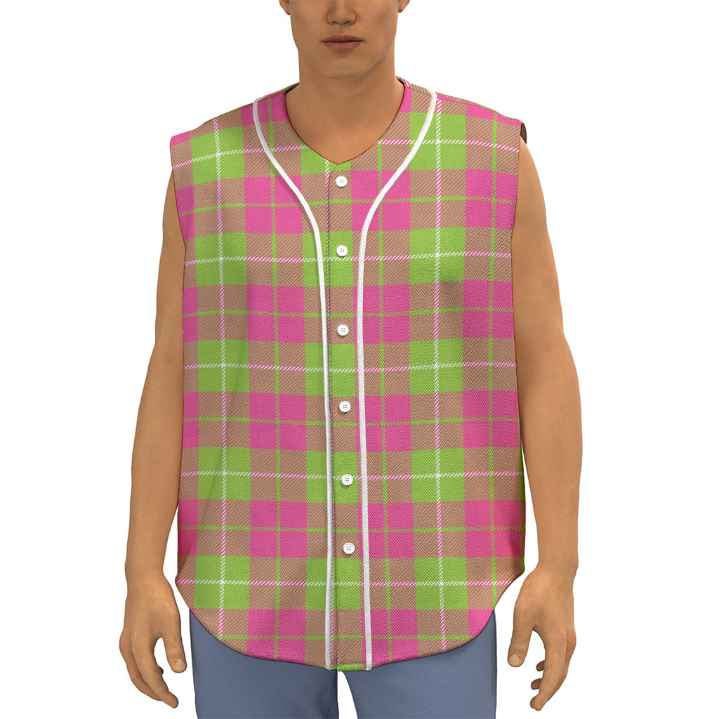 Pink Green And White Tartan Print Sleeveless Baseball Jersey