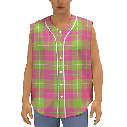 Pink Green And White Tartan Print Sleeveless Baseball Jersey