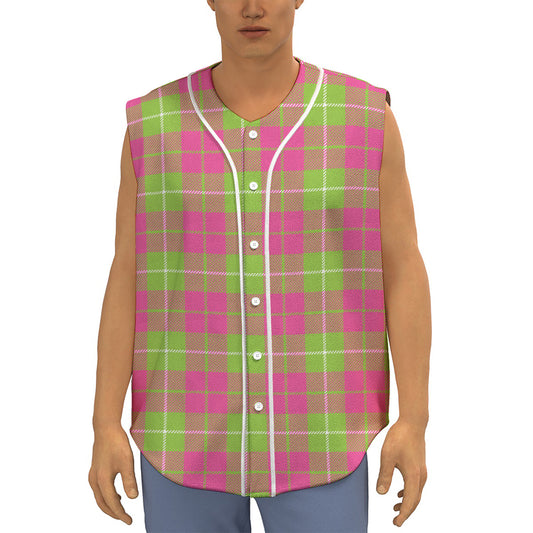 Pink Green And White Tartan Print Sleeveless Baseball Jersey