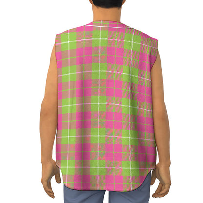 Pink Green And White Tartan Print Sleeveless Baseball Jersey