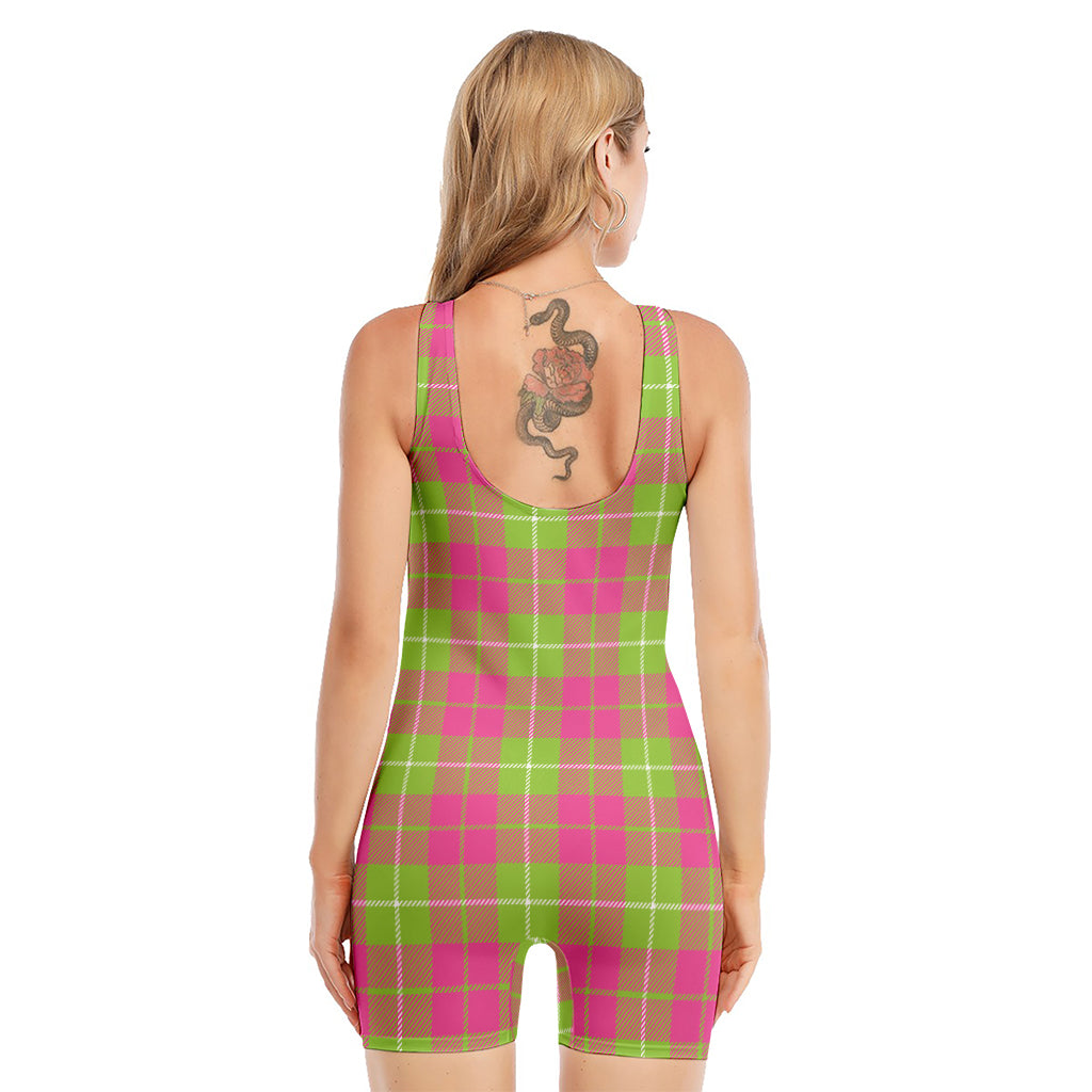 Pink Green And White Tartan Print Sleeveless One Piece Swimsuit