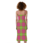 Pink Green And White Tartan Print Slim Fit Midi Cami Dress