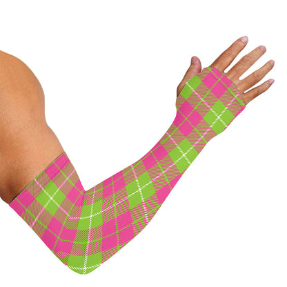 Pink Green And White Tartan Print Sun Protection Arm Sleeves