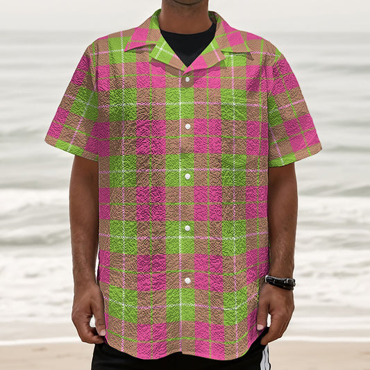 Pink Green And White Tartan Print Textured Short Sleeve Shirt