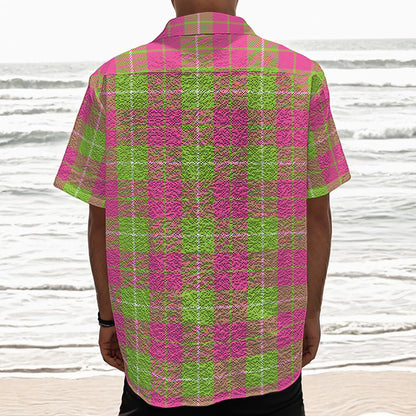 Pink Green And White Tartan Print Textured Short Sleeve Shirt