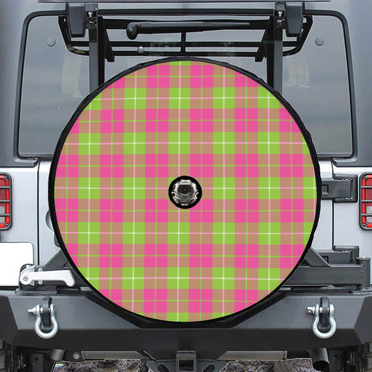 Pink Green And White Tartan Print Tire Cover With Camera Hole